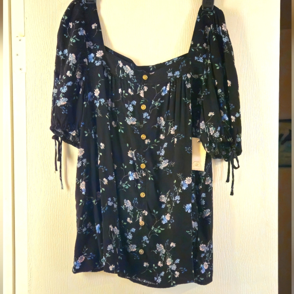 Angels Forever Young Top Womens L Black Floral Boho Flowy Rayon Square Neck NWT